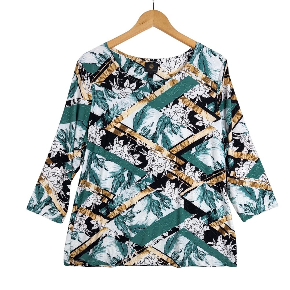 JM Collection Floral Geometric Print Long Sleeve Blouse size XL Green/Black/Gold